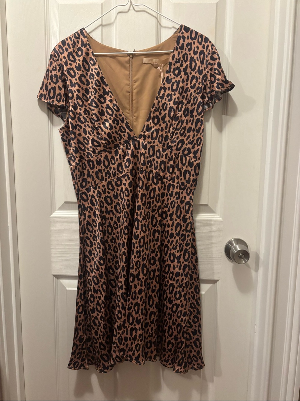 Hutch Leopard Print V-Neck Mini Dress in Tan and Black
